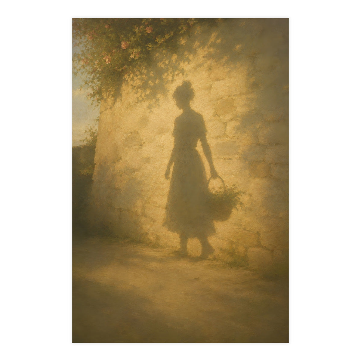 Her Shadow on the Wall — the long shadow of a woman carrying a basket, cast across a sunlit stone wall, 24x36 in print