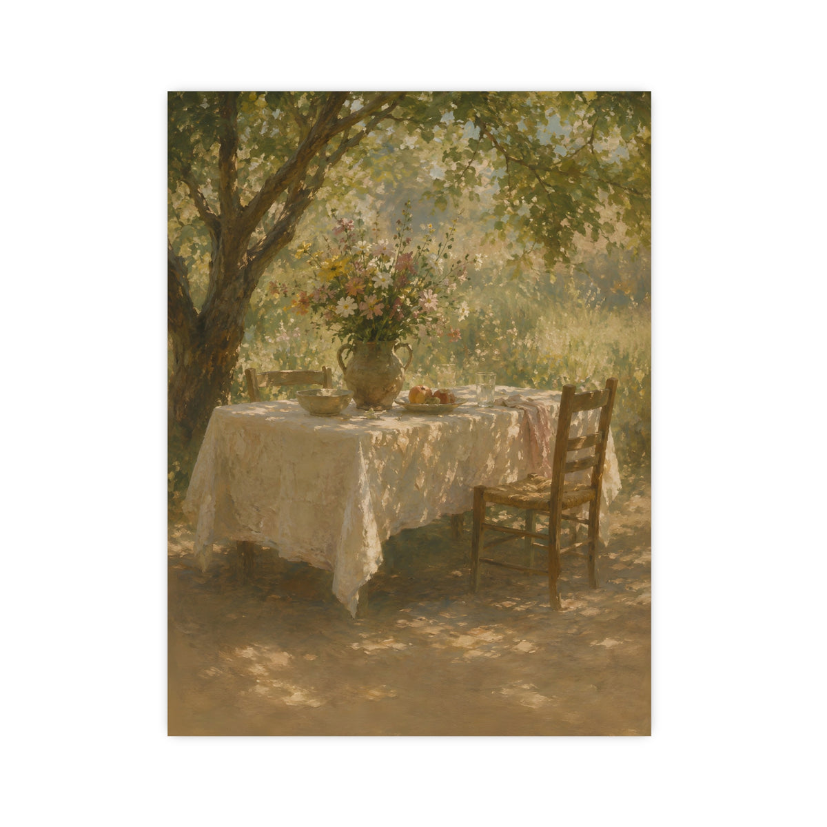 Table Under the Tree — a table under a tree with a linen cloth and a jug of wildflowers, 12x16 in print