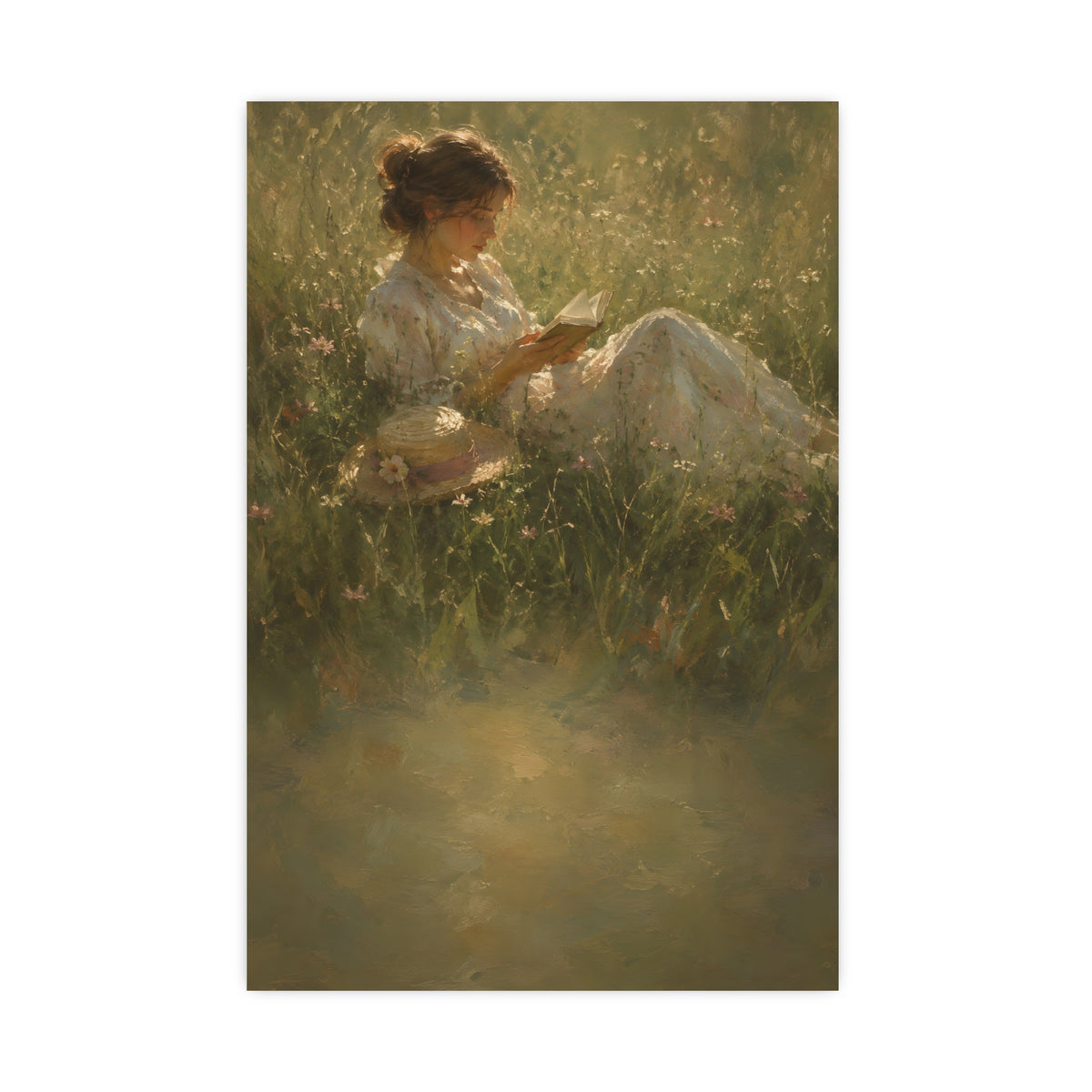 Reading in Tall Grass — a woman reading in tall summer grass, straw hat beside her, 20x30 in print