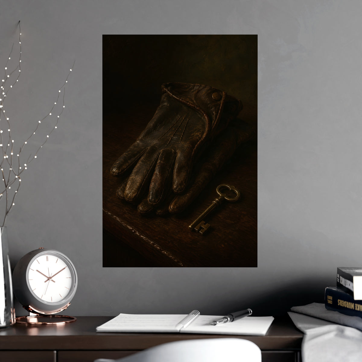 Gloves and a Brass Key — gloves and a brass key, shown framed on a wall