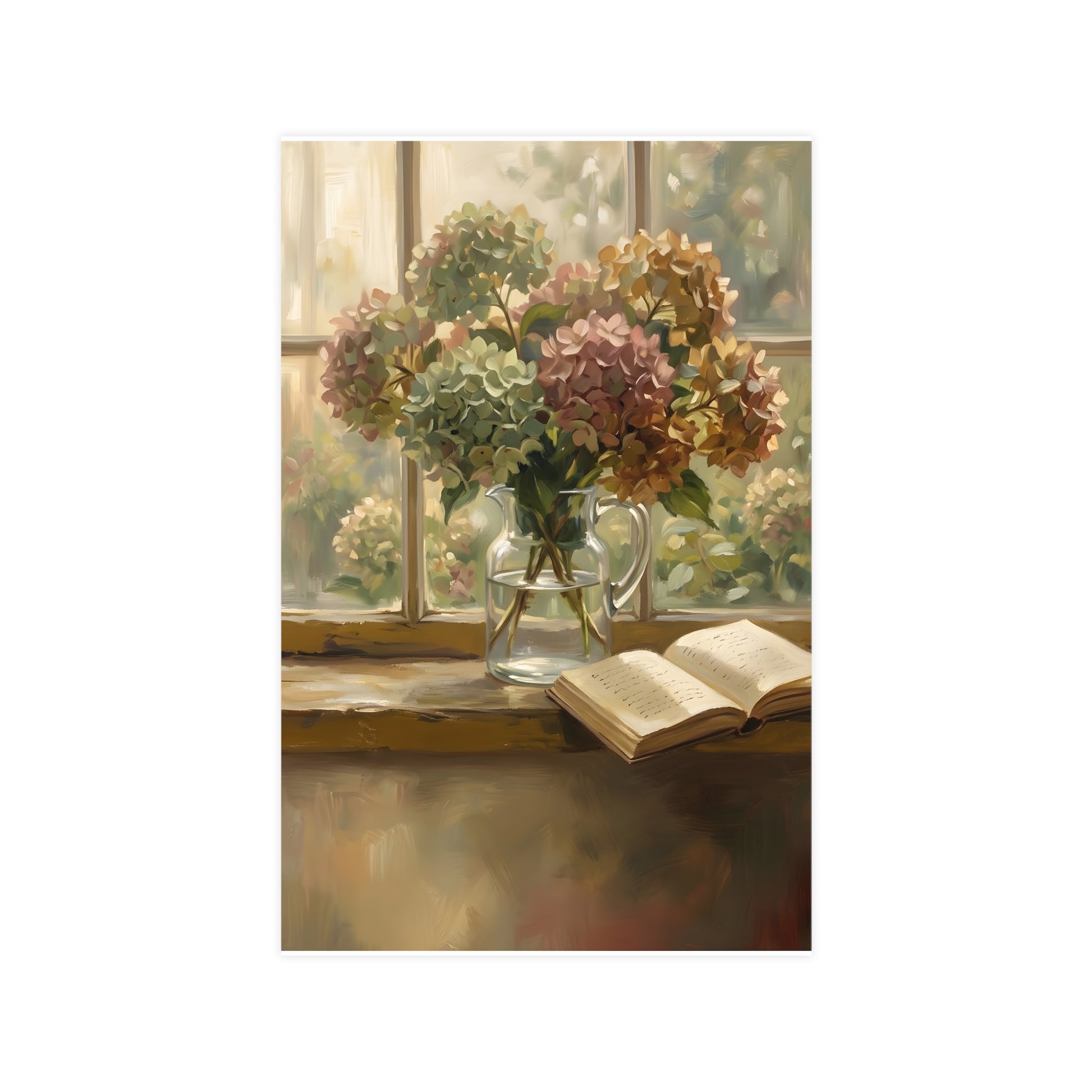 Hydrangeas and a Book — hydrangeas in a glass jug beside an open book on a sunlit windowsill, 11x17 in print