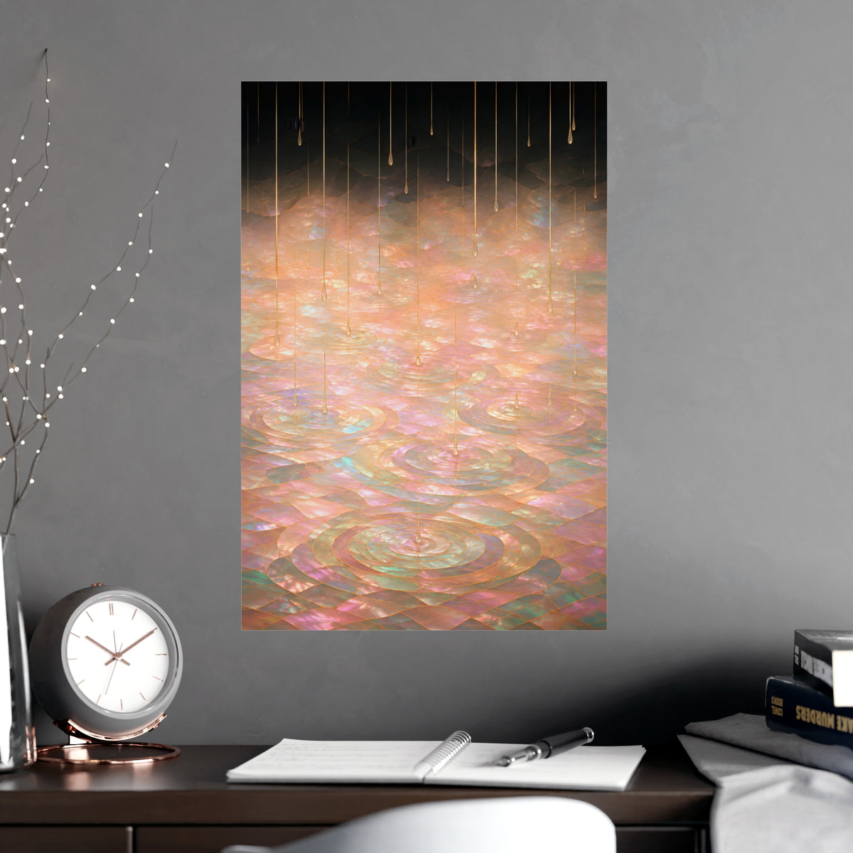 Rain on Still Water — rain on still water, shown framed on a wall