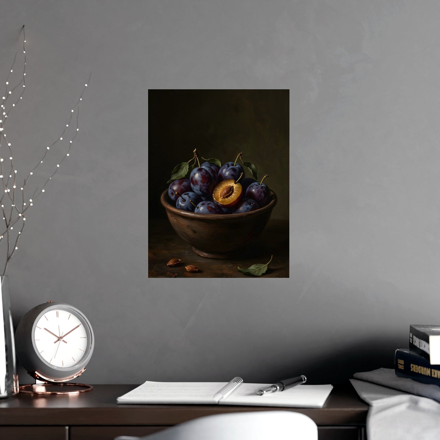 Bowl of Plums hung above a sofa with a side table and lilies, 12x16 in print