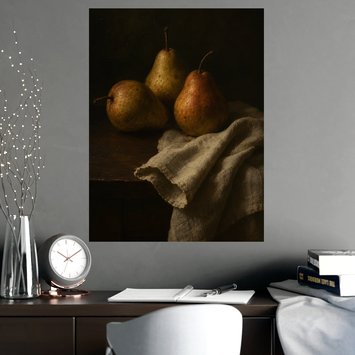Three Pears — three pears, shown framed on a wall