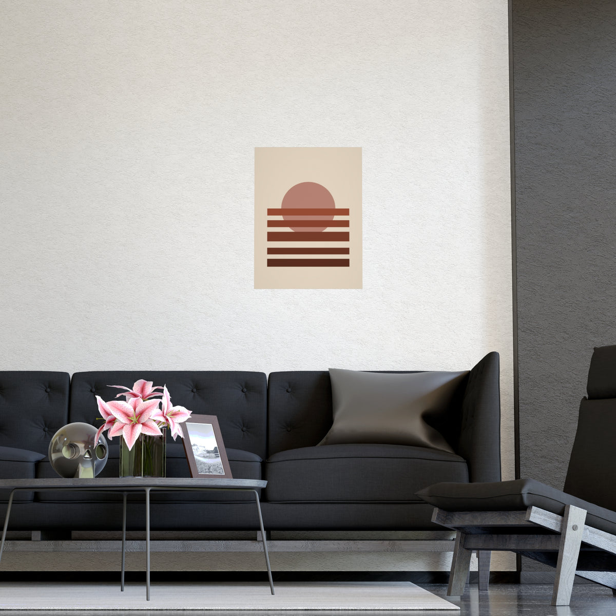 Muted 70s Sunset Landscape Wall Art — sunset landscape in a muted 70s palette, shown framed on a wall