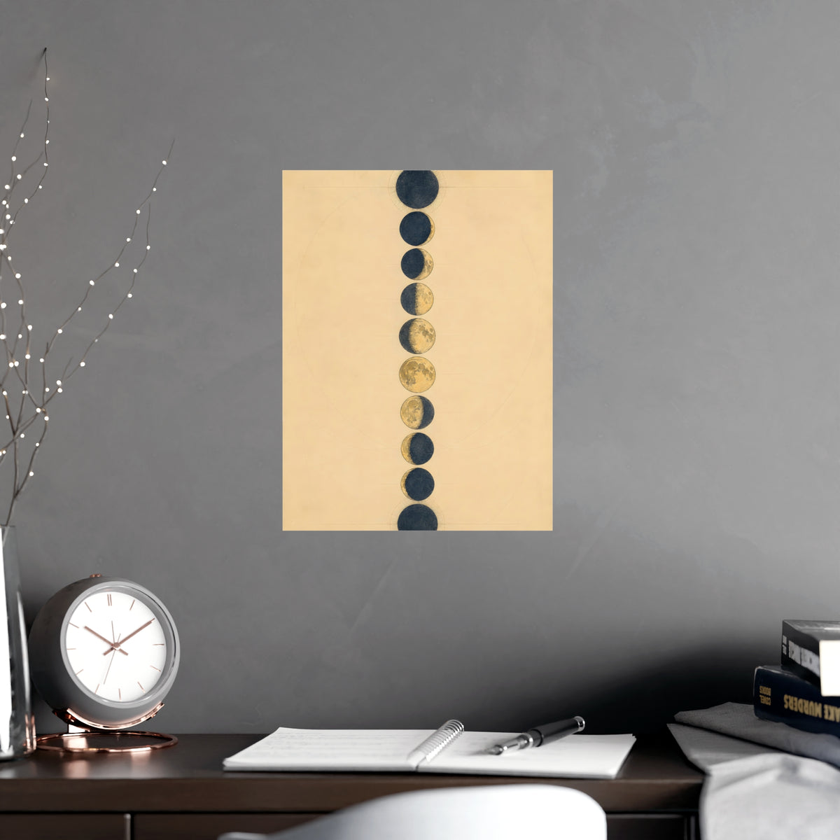 Phases of the Moon — phases of the moon, shown framed on a wall