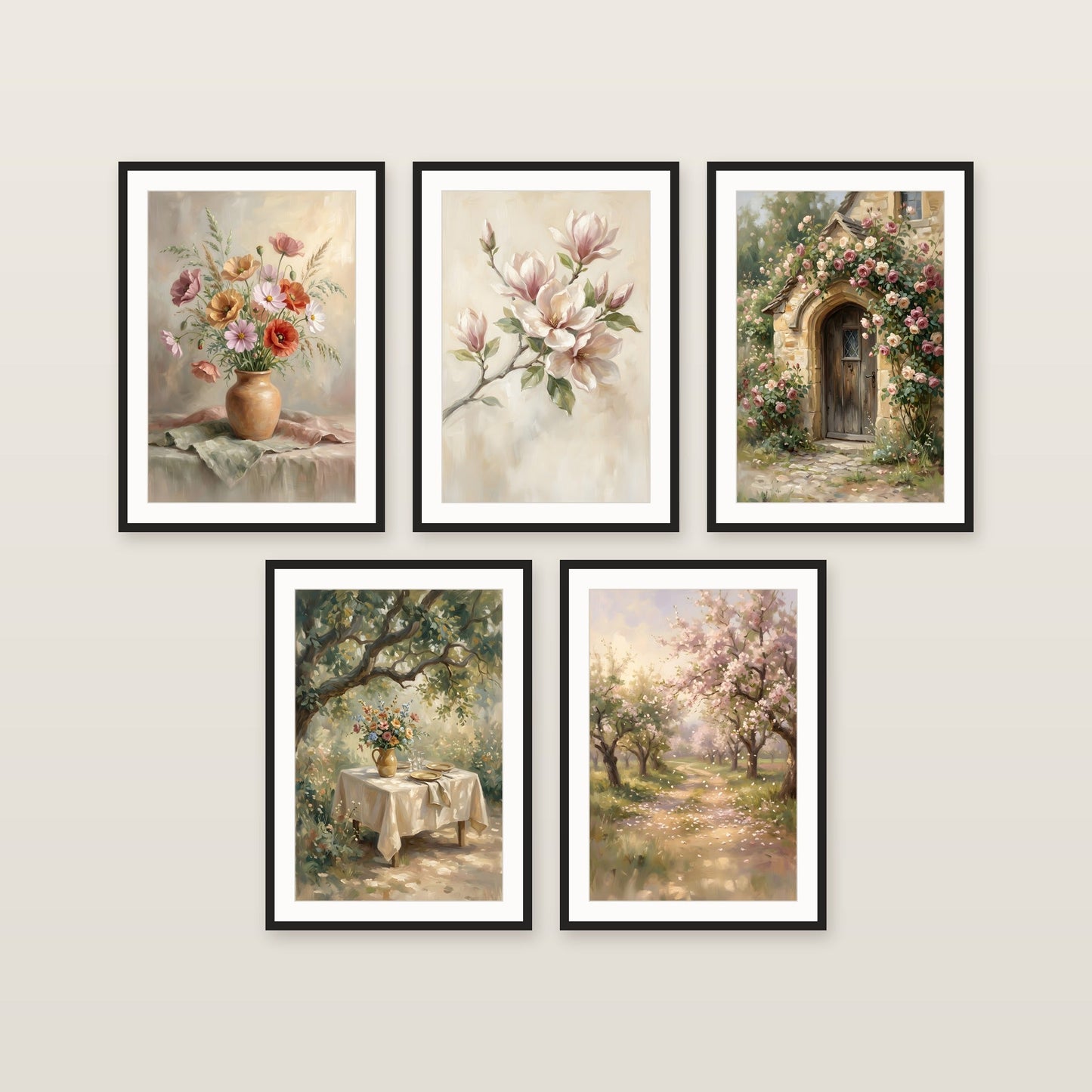 Romantic Garden Gallery Wall Set of 5 hung as a gallery wall — five framed prints