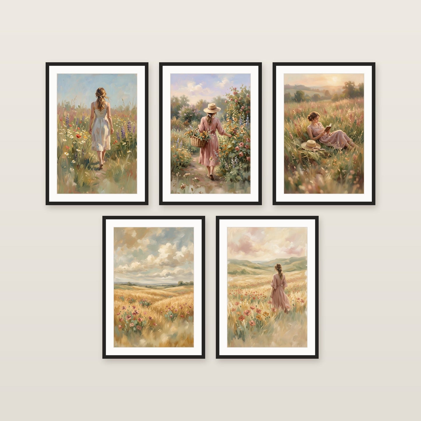 Romantic Meadow Gallery Wall Set of 5 hung as a gallery wall — five framed prints