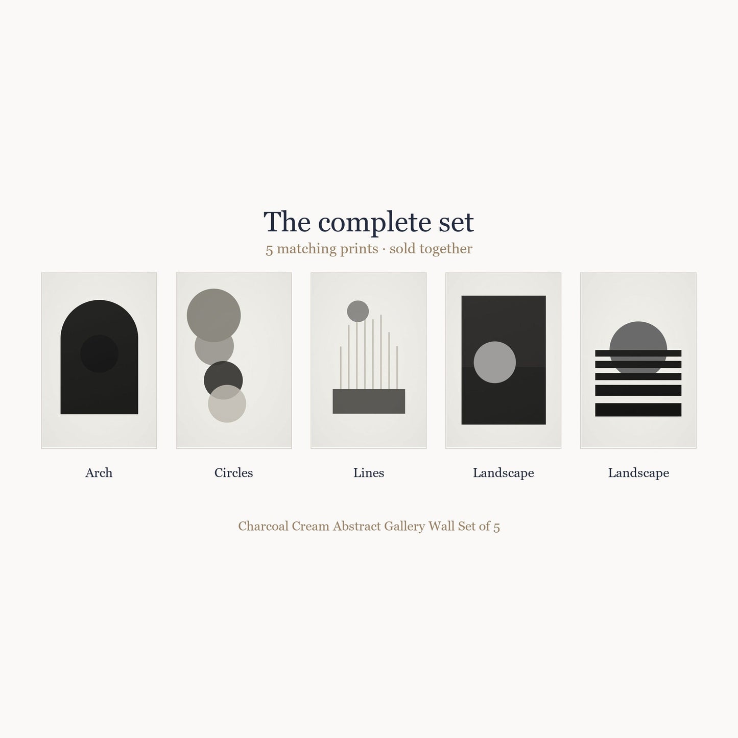All 5 prints included in the Charcoal Cream Abstract Gallery Wall Set of 5