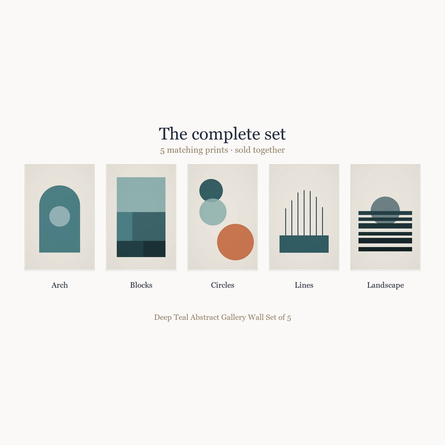 All 5 prints included in the Deep Teal Abstract Gallery Wall Set of 5