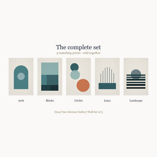All 5 prints included in the Deep Teal Abstract Gallery Wall Set of 5