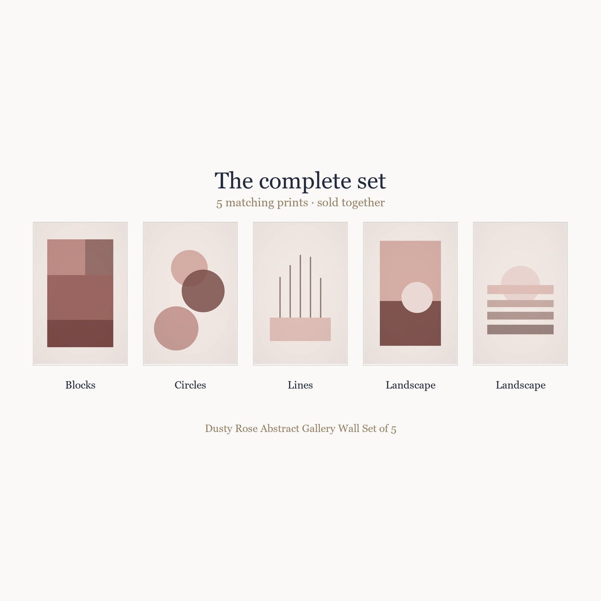 All 5 prints included in the Dusty Rose Abstract Gallery Wall Set of 5