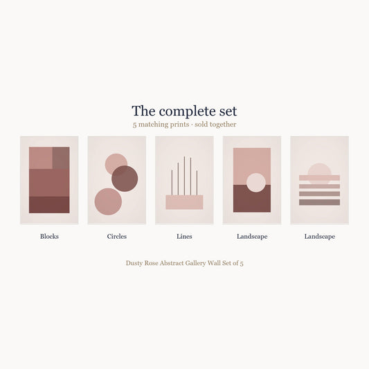 All 5 prints included in the Dusty Rose Abstract Gallery Wall Set of 5