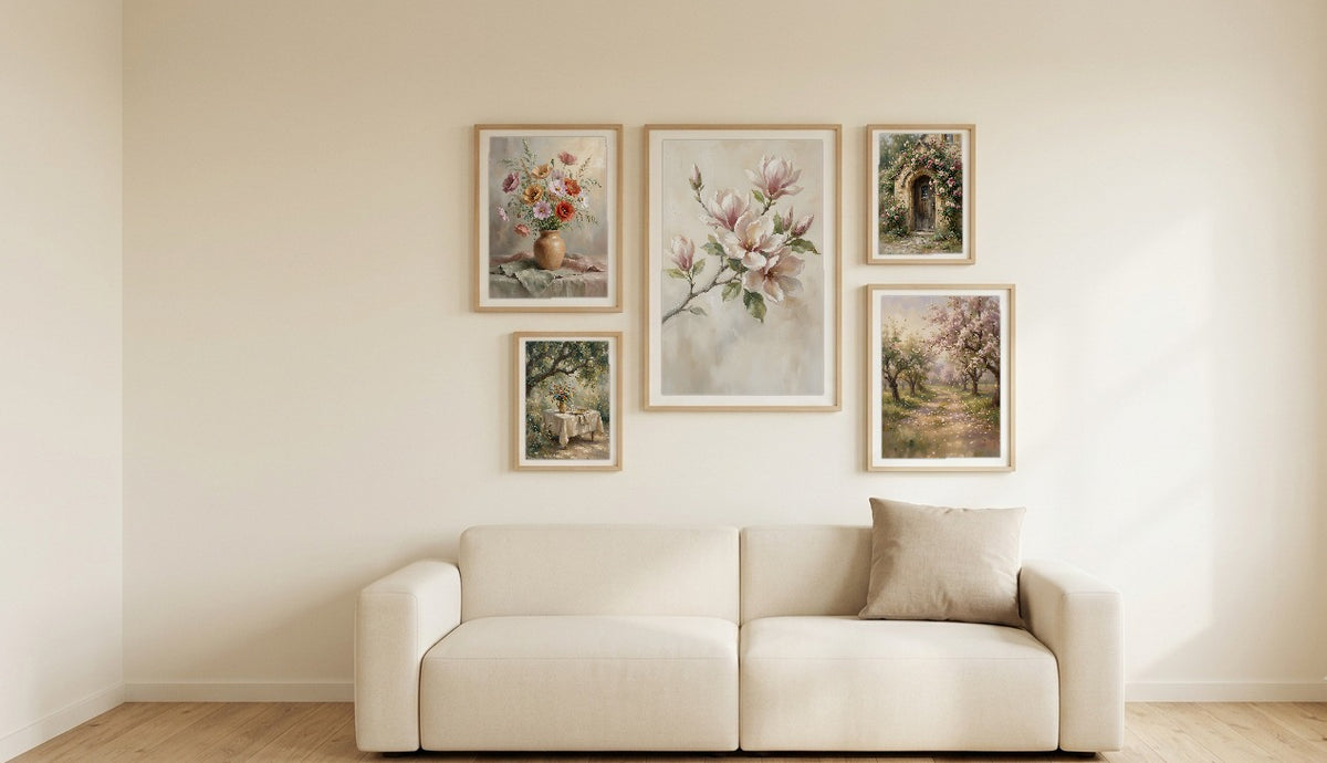 Romantic Garden gallery wall set of 5 hung together above a sofa on a cream wall