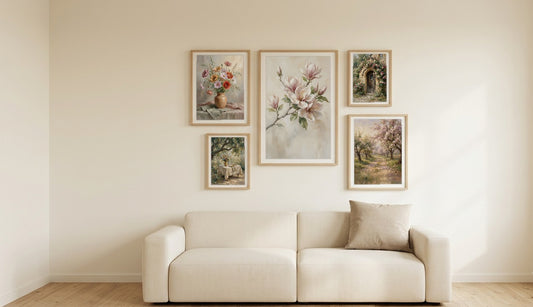 Romantic Garden gallery wall set of 5 hung together above a sofa on a cream wall