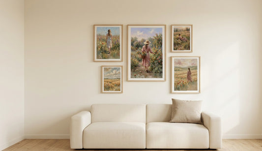Romantic Meadow gallery wall set of 5 hung together above a sofa on a cream wall